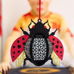 Red, White, Black Beetle 3D Shadow Box Lantern Hanging with Child in Background